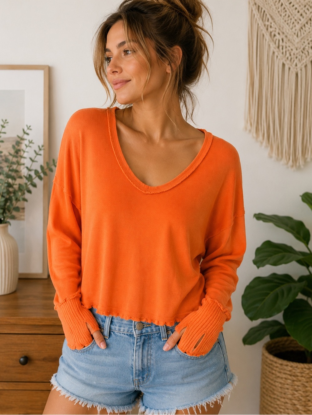 Free People Orange Raw-Hem V-Neck Pullover